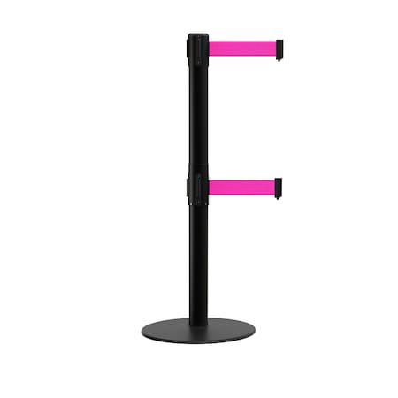 Montour Line Stanchion Dual Belt Barrier Flat Base Black Post 13ft. Fl.Pink Belt S400D-BK-FPK-130